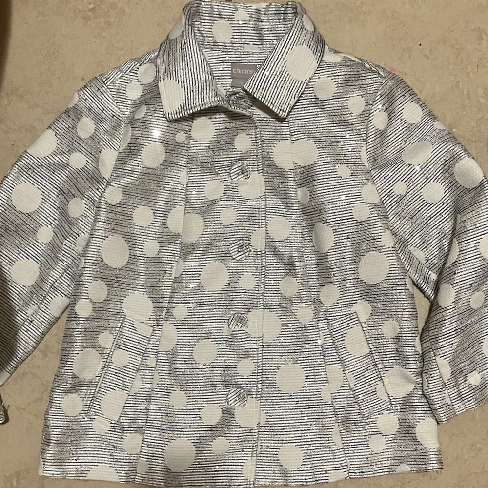 Chico's Metallic Silver and White Dot Jacket